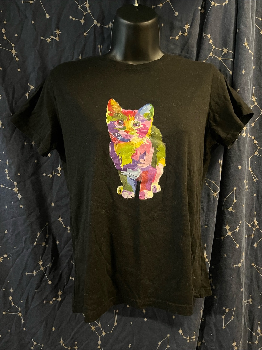 SHEIN Black Tee with Vibrant Multicolor Kitten Print